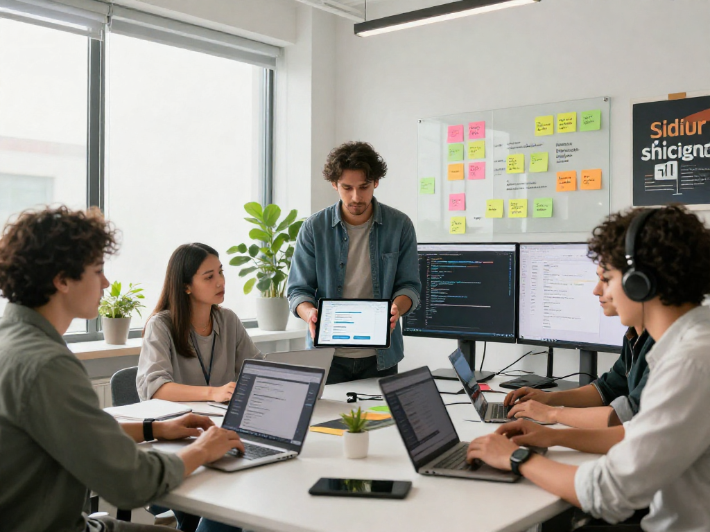 Developers collaborating in an innovative workspace with crushonai technology displayed on tablets and monitors.