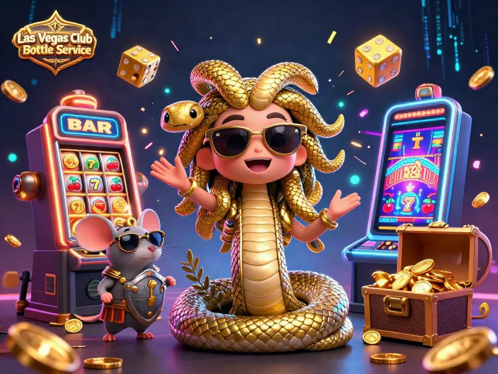 Experience the vibrancy of Las Vegas Club Bottle Service with a lively 3D scene featuring Medusa and a warrior mouse.