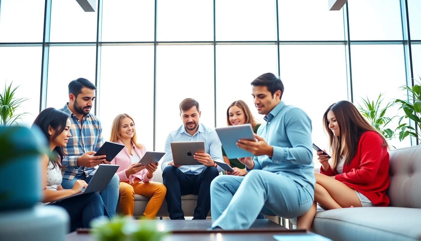 A dedicated social media agency team strategizing in a vibrant office environment.