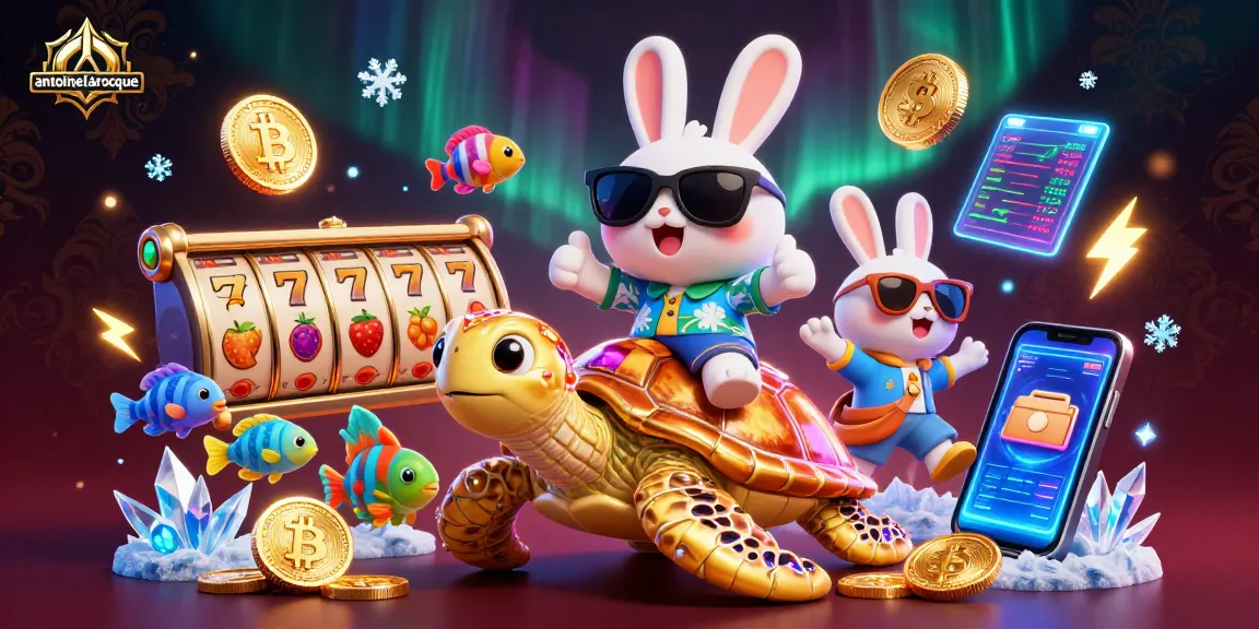 Engage with antoinelarocque's vibrant casino adventure featuring a lucky rabbit and golden sea turtle amidst slot games and crypto elements.