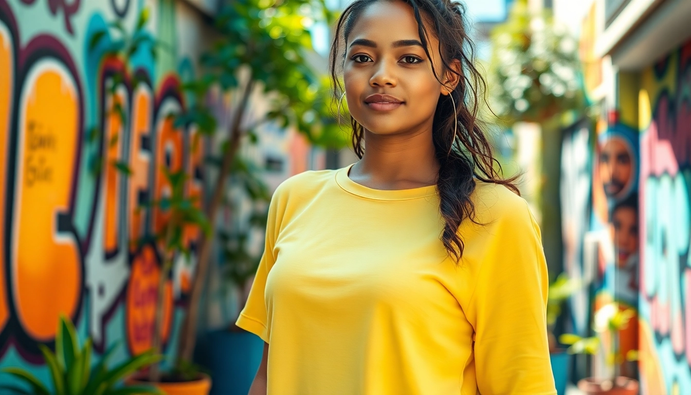 Showcase a stylish drop shoulder t shirt worn by a model in a colorful urban environment.