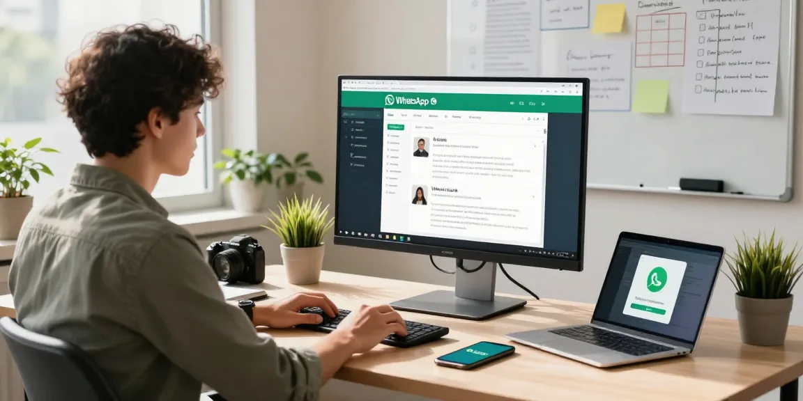 Young professional using WhatsApp網頁版 on sleek desk surrounded by tech elements and greenery.