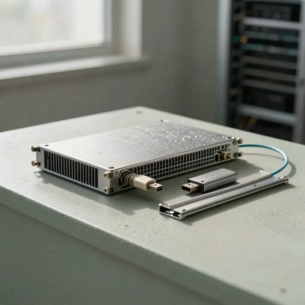 Brushed server blade, fiber leads, and security key on a stone plinth in soft morning light.