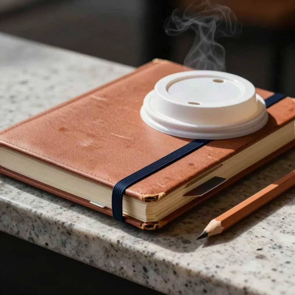 Close-up of a study notebook, coffee lid, color tabs, and pencil stub on travertine with steam.