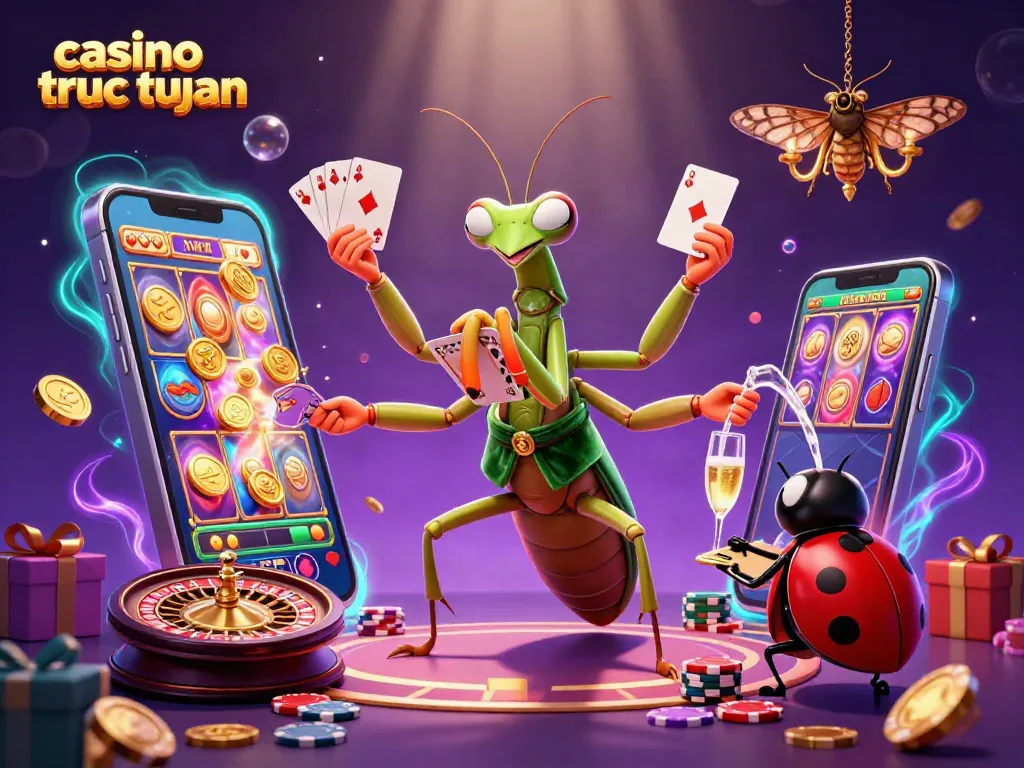 Chơi game tại casino trực tuyến với hình ảnh sinh động của một côn trùng khổng lồ và các yếu tố casino tỏa sáng.