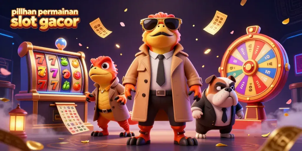 Menggali pilihan permainan slot gacor di casino dengan slot reels berwarna-warni dan karakter raptor lucu.