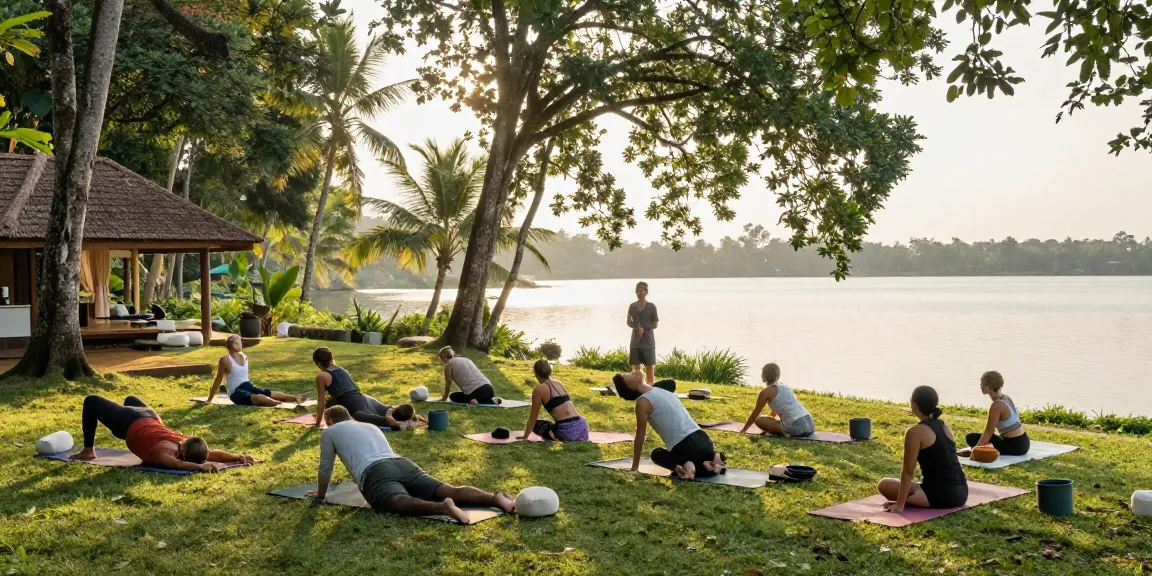200hr hatha YTT sri lanka participants practicing Hatha Yoga at a tranquil lakeside retreat.