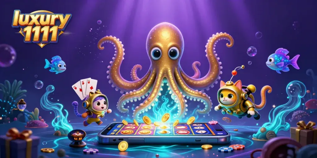 Permainan kasino mewah luxury 1111 dengan kraken, kucing selam, dan elemen slot berwarna-warni.