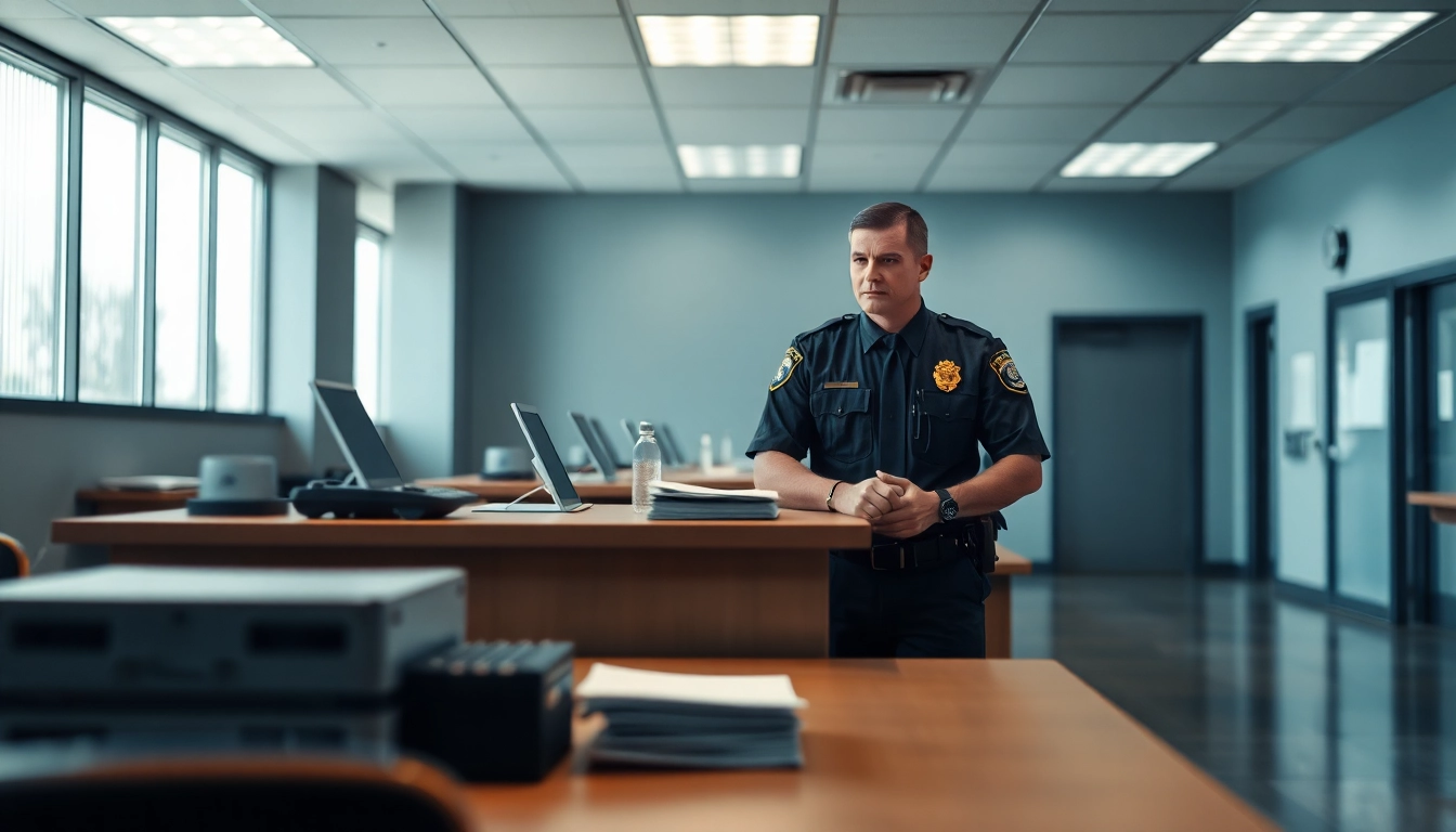 Detailing orange county jail inmate booking information with a police officer at a booking desk.