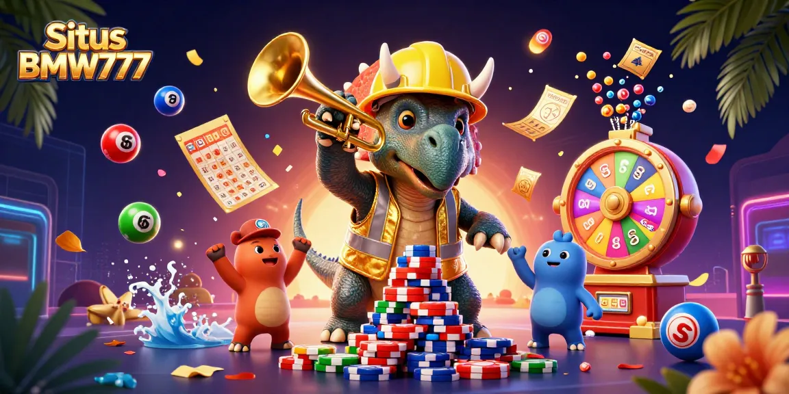 Situs BMW777 showcases a vibrant 3D casino scene with colorful lottery elements and cheerful characters.