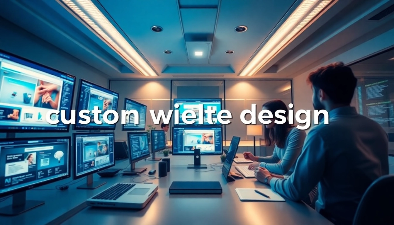 Custom website design workspace showcasing vibrant prototypes and teamwork.