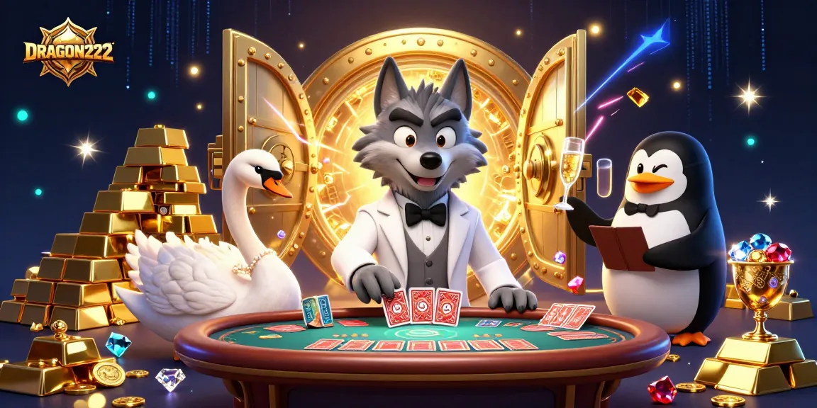 Win big with DRAGON222 casino, featuring a debonair wolf and elegant characters at a baccarat table.