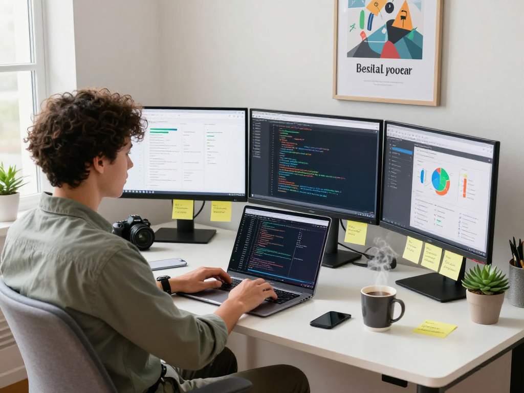 Configuración de trabajo moderno sobre web hosting en México, mostrando profesional con laptop y monitores llenos de datos.
