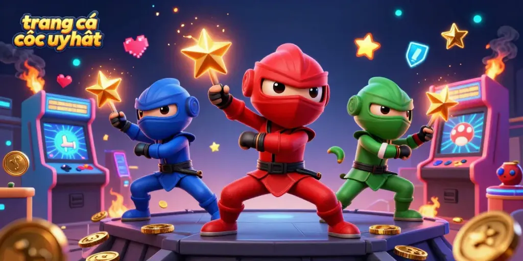 Trang cá cược uy tín thể hiện đội ngũ ninja tắc kè 3D đang thi triển võ thuật trên mái nhà với hiệu ứng sinh động.