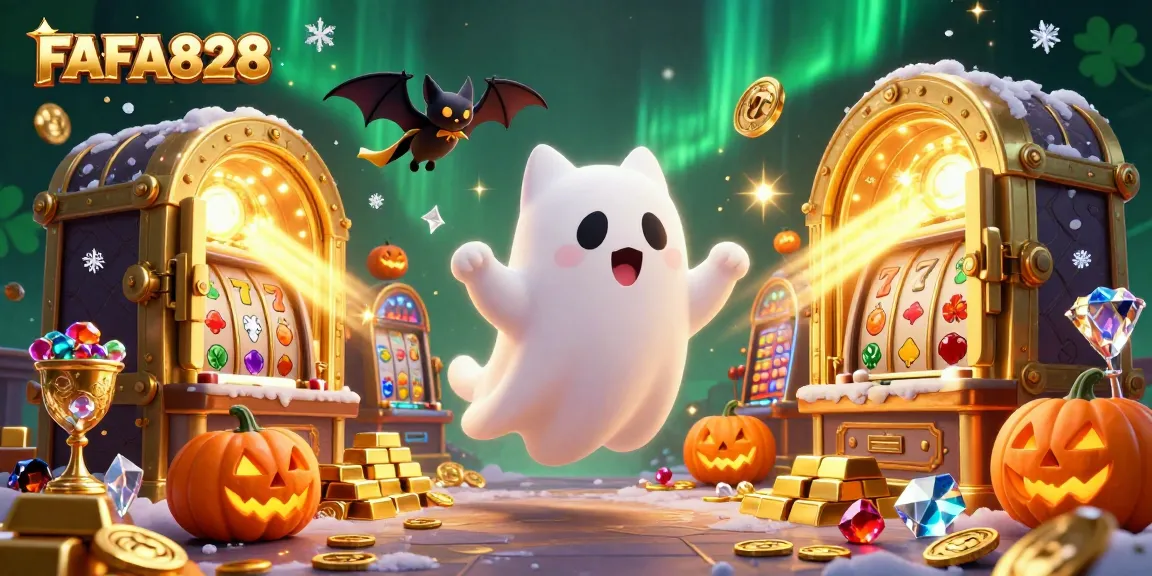 Play slots and win big with FAFA828 in a haunted casino featured in colorful 3D illustration.