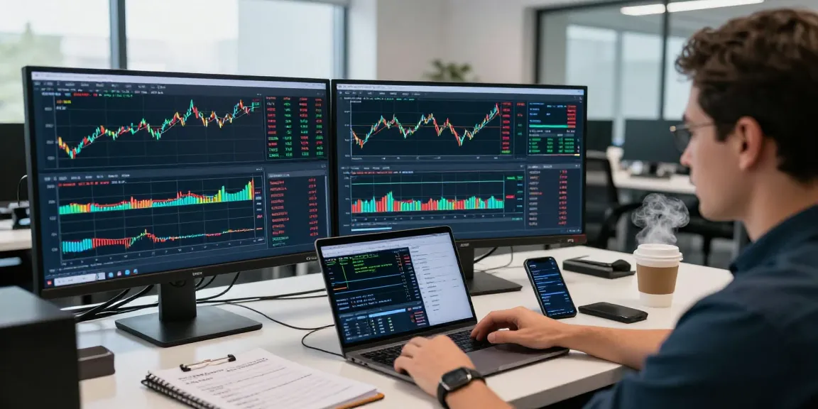 Trader using MetaTrader 5 on multiple screens for forex and stock trading analysis.