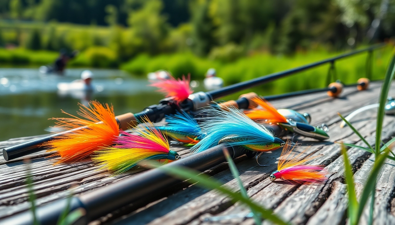 Fly fishing accessories arranged beautifully beside a tranquil river, showcasing their vibrant colors.