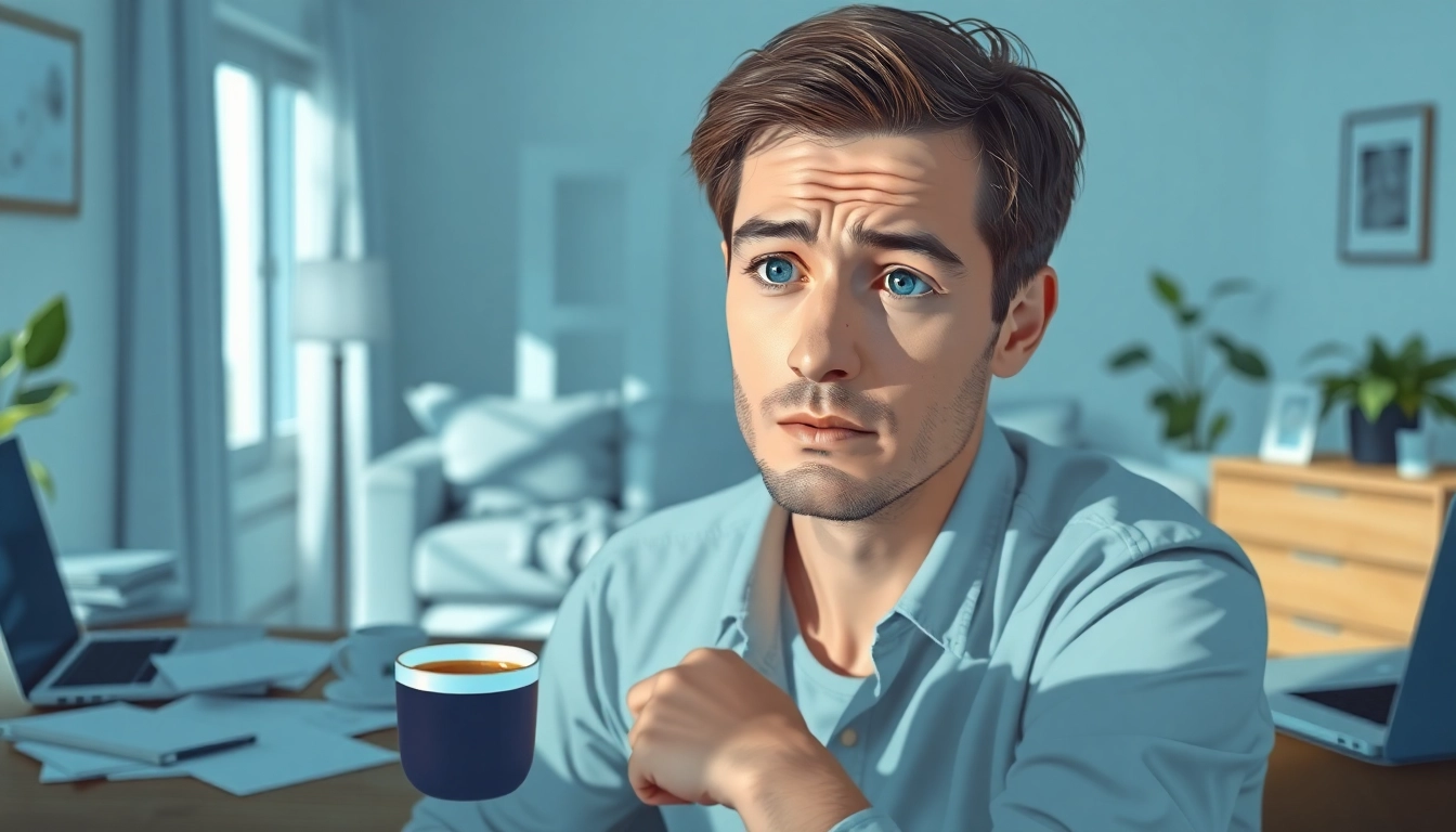 Visualizing brain fog through a professional caught in confusion amid a cluttered workspace.