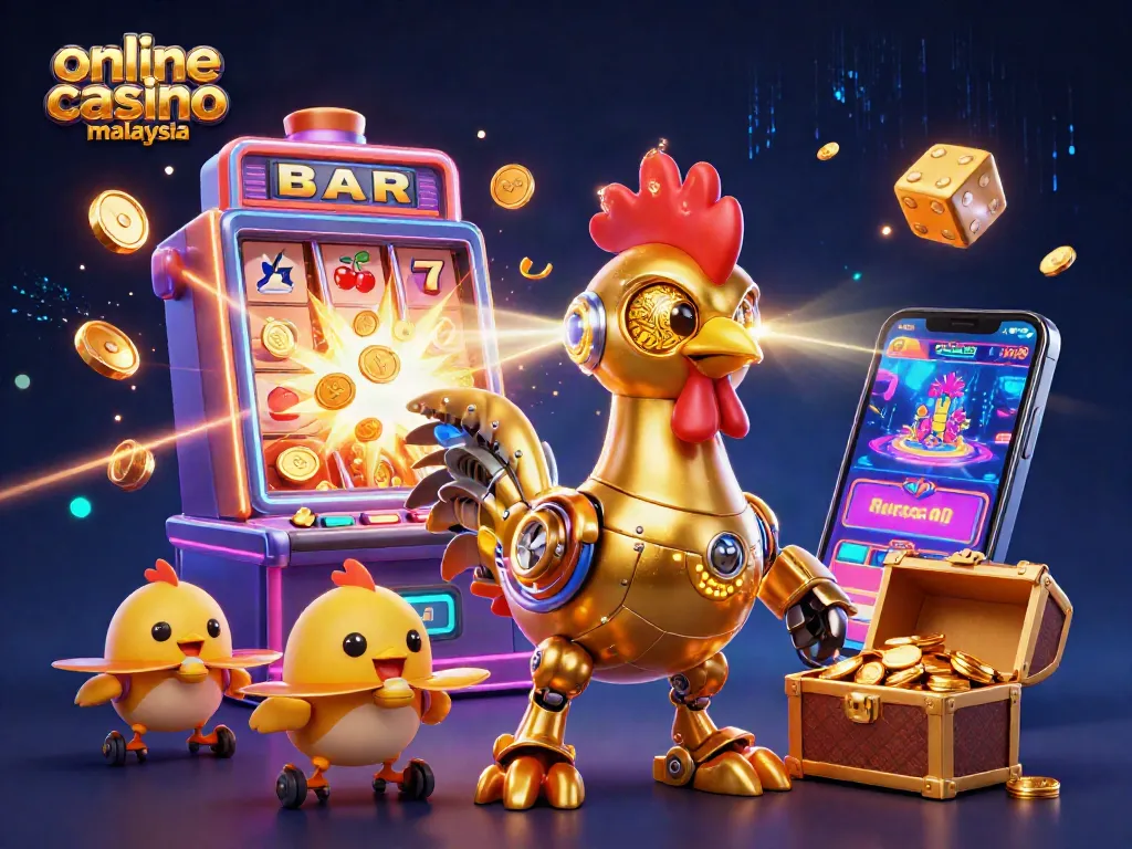 Engage with dynamic gaming at online casino malaysia featuring a futuristic robotic theme with vibrant slot machine elements.