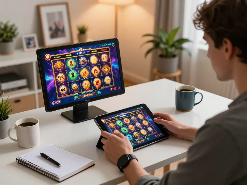 Playing slot games with a slot bonus new member 100% on a tablet in a cozy home setting.