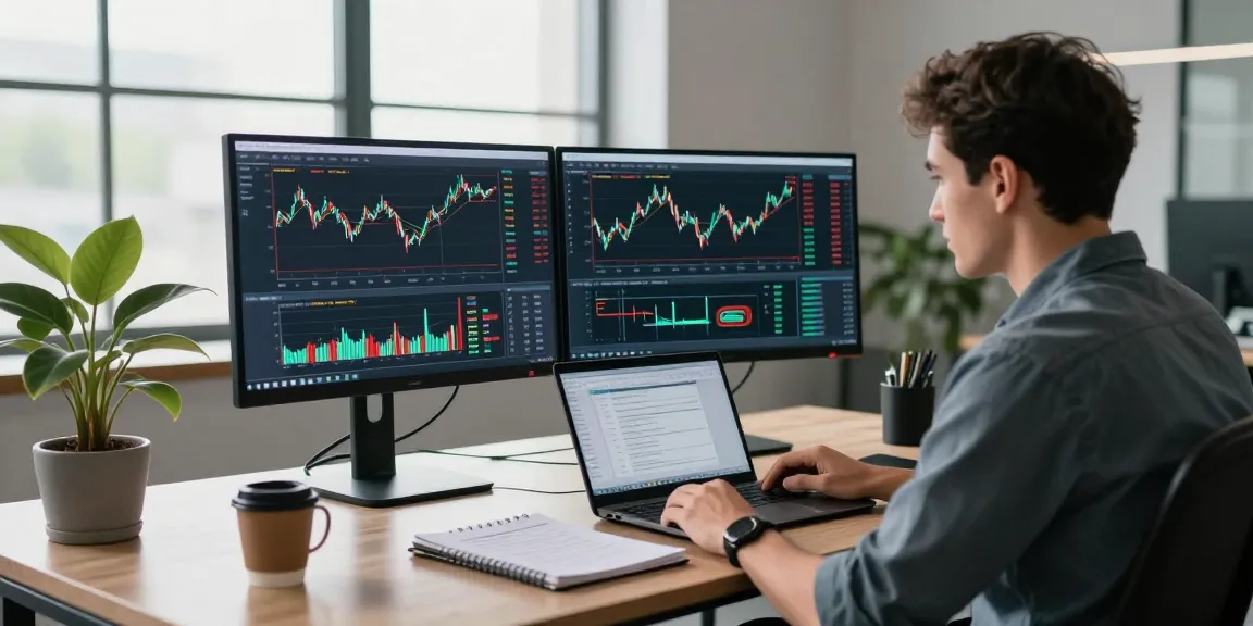 Trader using MetaTrader 5 with dual monitors showing market analysis and trading tools in a modern workspace.