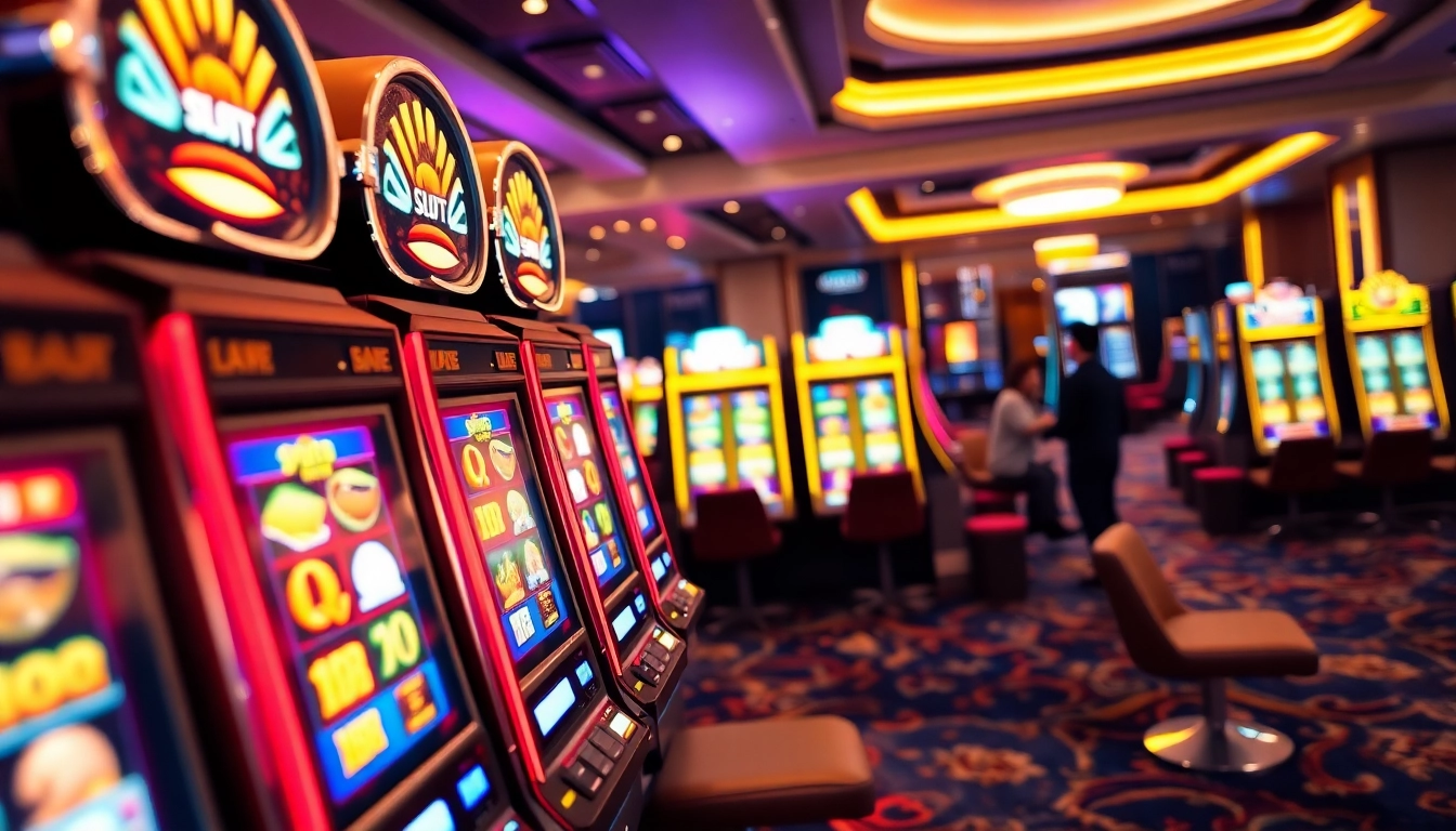 Permainan slot pakde4d slot yang cerah dan menarik di kasino modern dengan pemain yang bersenang-senang.