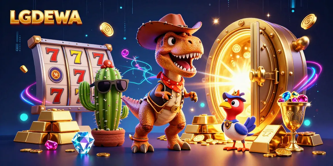 Join the thrilling action of LGODEWA's jackpots with colorful slot reels and dynamic characters.