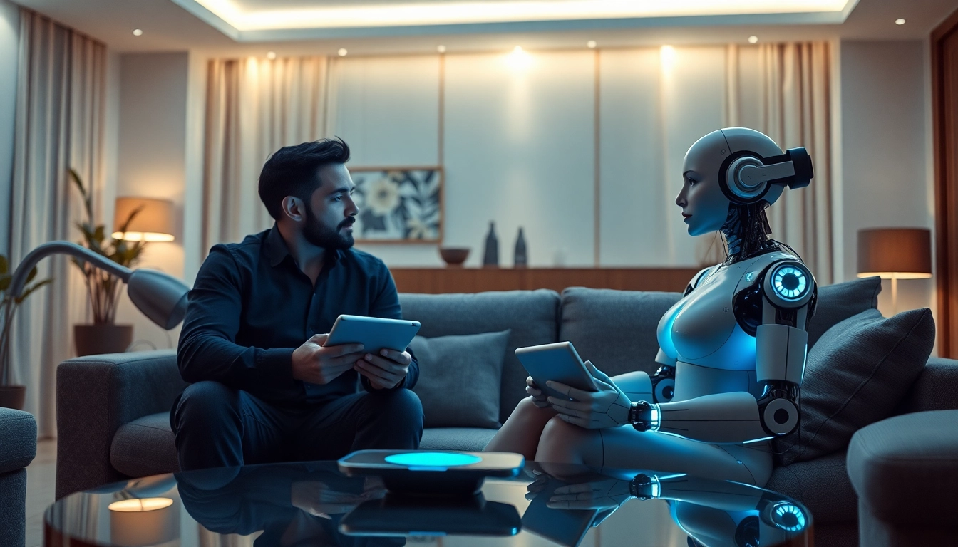 Couple exploring AI sex robotics in a modern living room with innovative technology.
