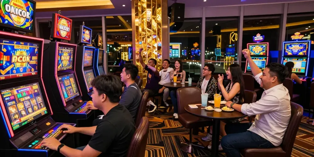 Friends enjoying slot gacor games in a vibrant casino lounge with lively atmosphere.
