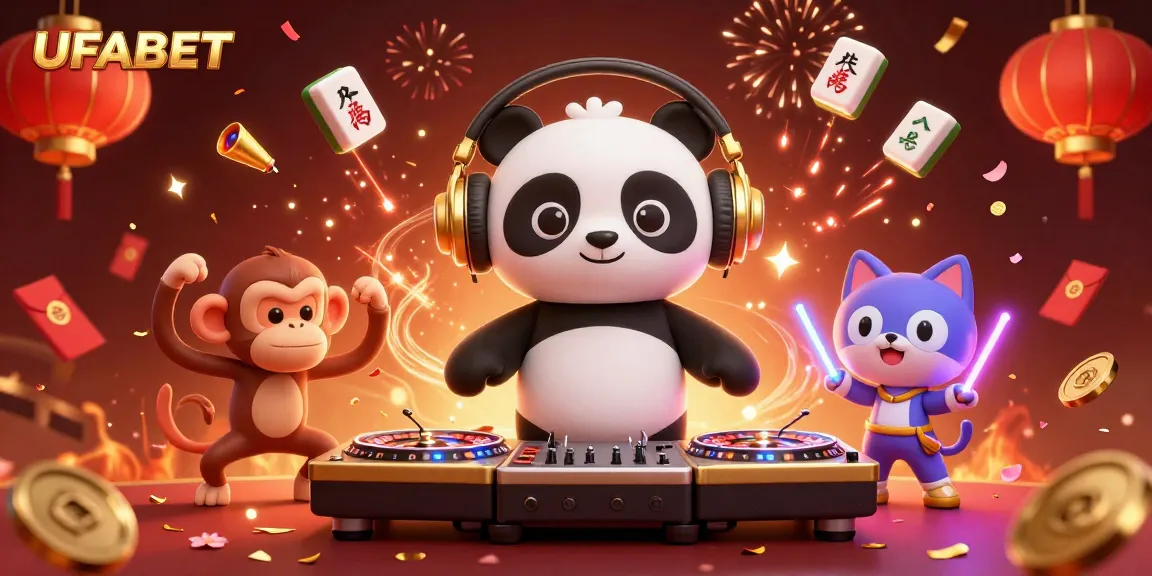 Engage with UFABET's vibrant gaming scene featuring a DJ panda spinning roulette wheels, a dancing monkey, and a glow-stick kitten.
