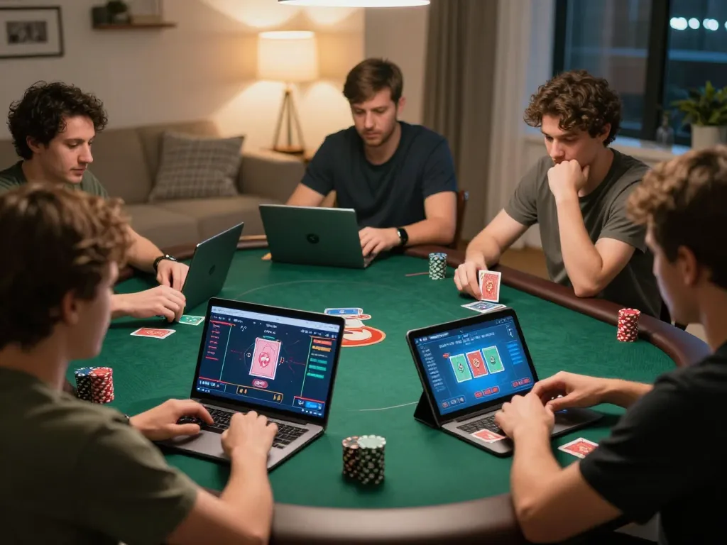 Players strategizing in an online poker game on 888top, showcasing competitive gameplay.