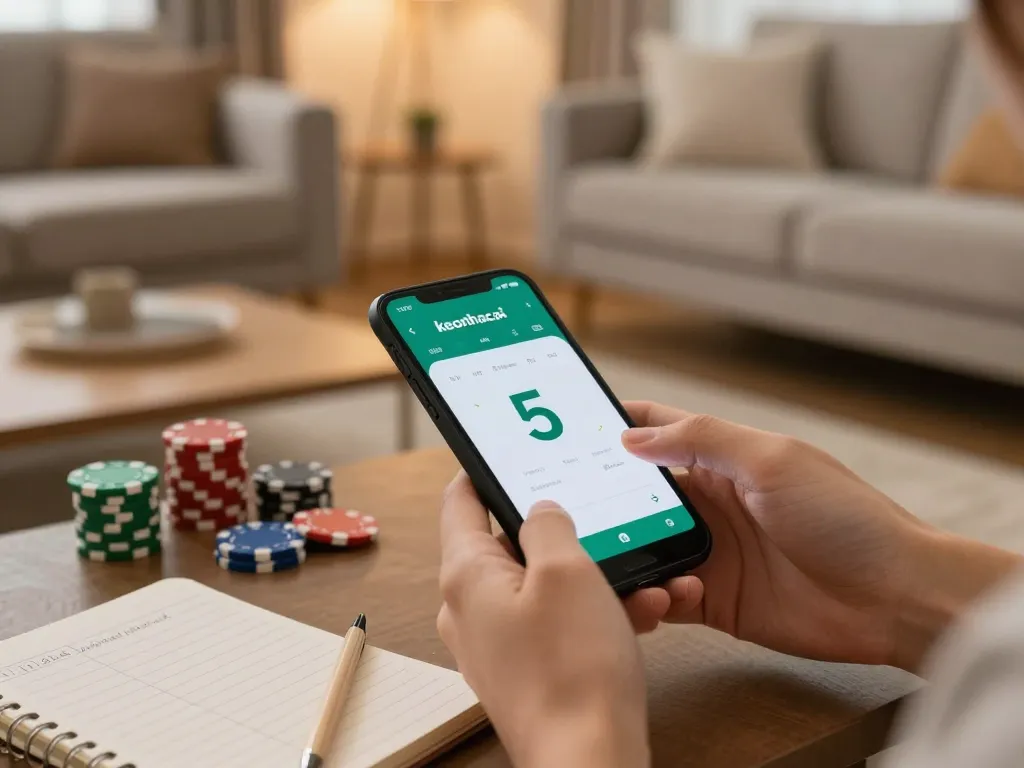 Betting on keonhacai 5 with a smartphone, showcasing strategy notes and chips in a cozy home atmosphere