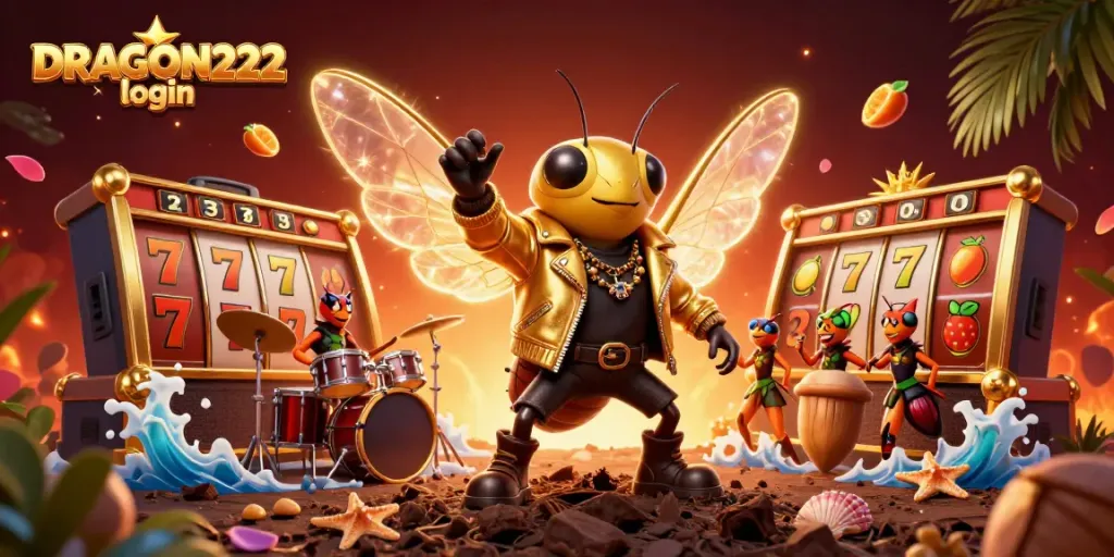 Engage with the exhilarating DRAGON222 login experience through vibrant casino slot elements and energetic characters.