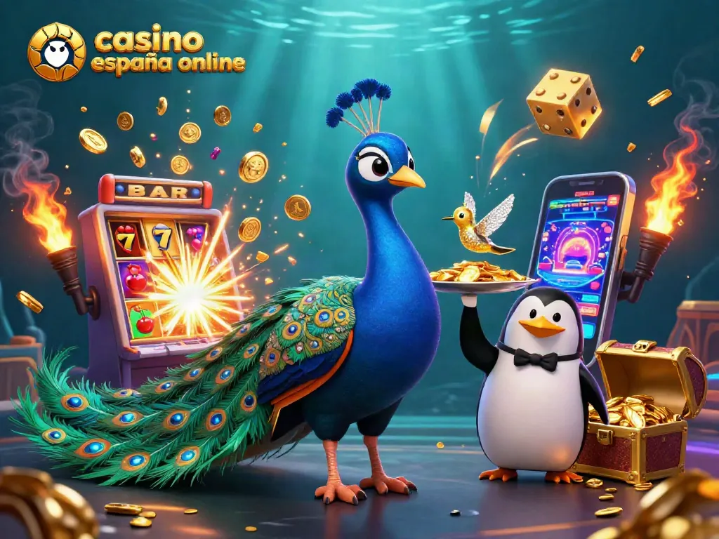 Disfruta del casino españa online con tragamonedas y juegos de mesa destacados, en una ilustración vibrante y detallada.