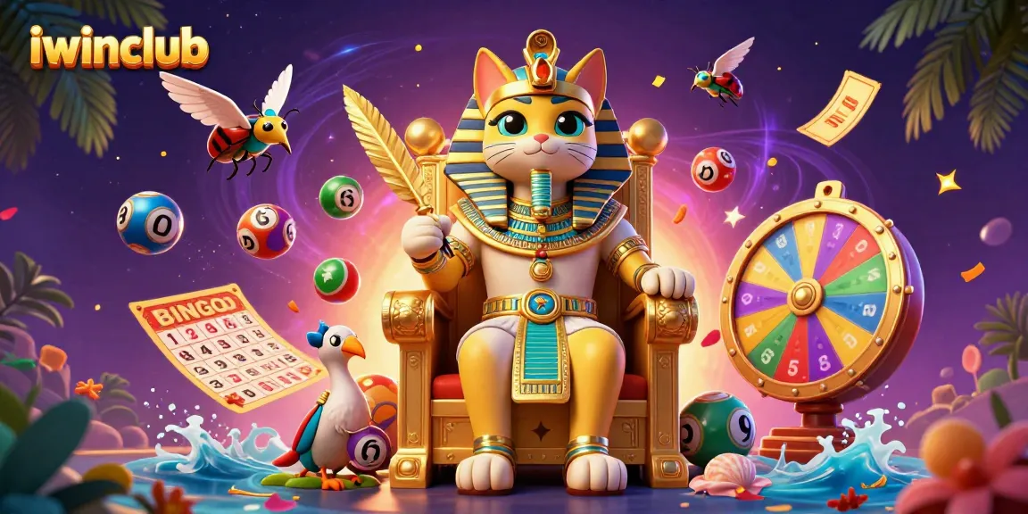 Immerse in iwinclub's vibrant gambling scene featuring a pharaoh cat and dynamic lottery elements.