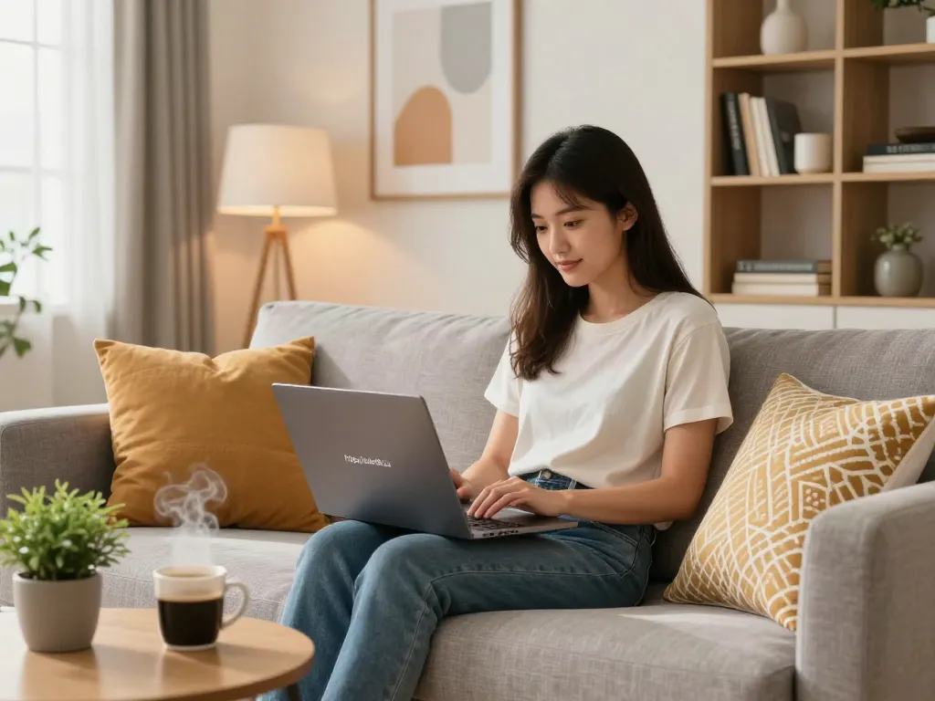 Woman browsing products on https://hubet88.icu/ in a cozy living room with coffee.