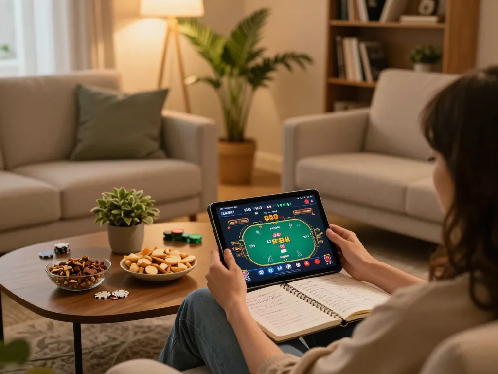 w 88 player engaged in online poker gaming on a tablet in a cozy home setting
