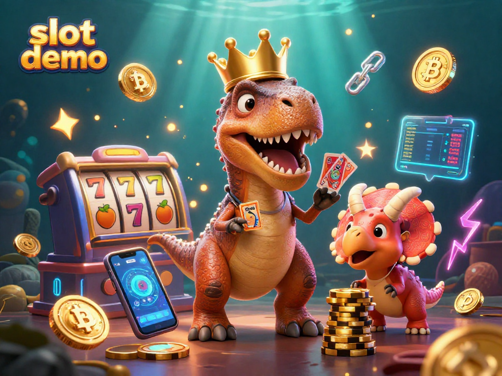 Mainkan slot demo dengan T-Rex dan pterodactyl yang menyuplai kartu sambil dikelilingi simbol slot.