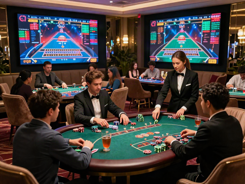 Gambaran permainan poker di luxury12 dengan suasana glamor dan pemain beragam.