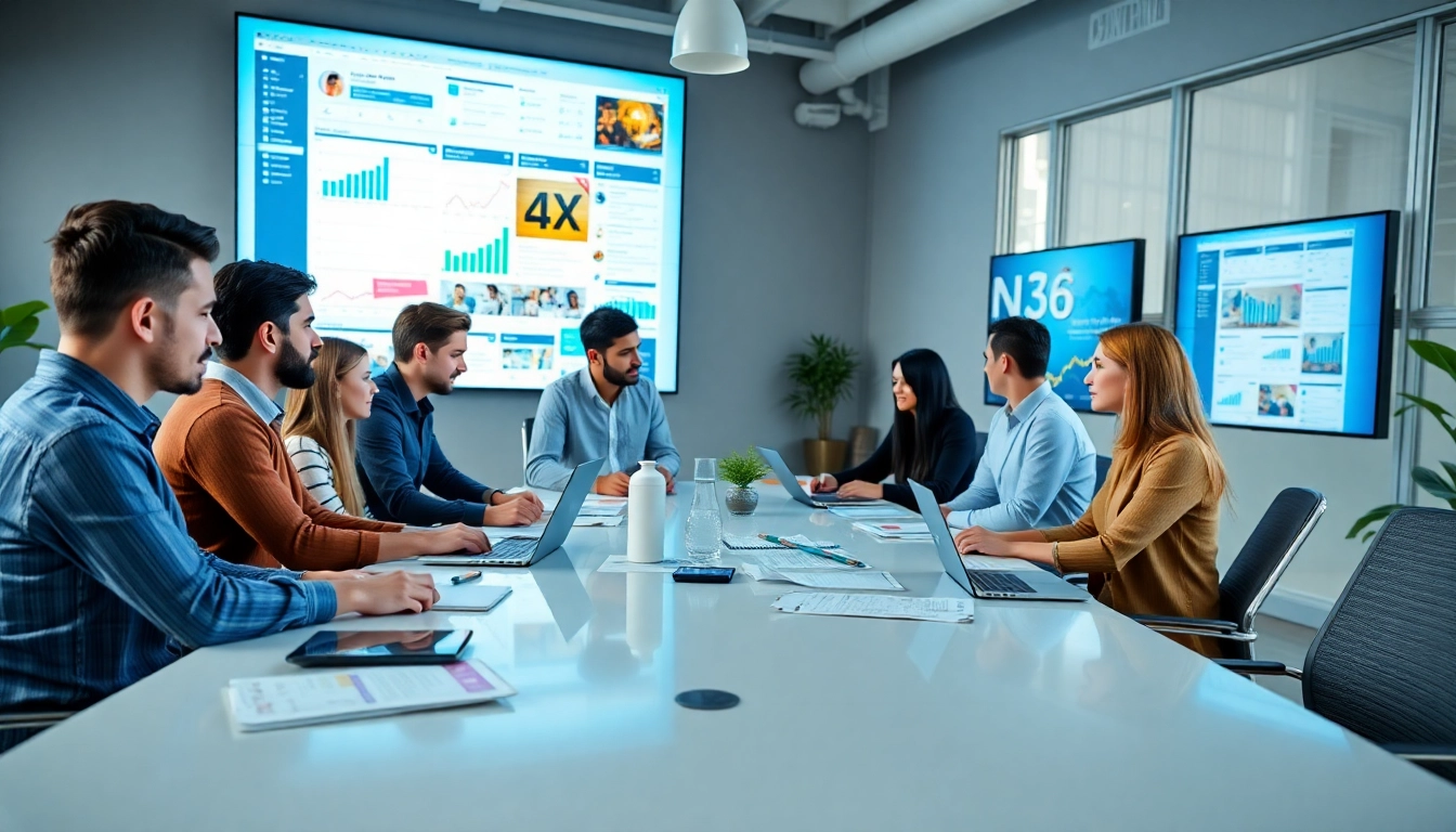 Dynamic team at a social media agency collaborating on strategies in a vibrant workspace.