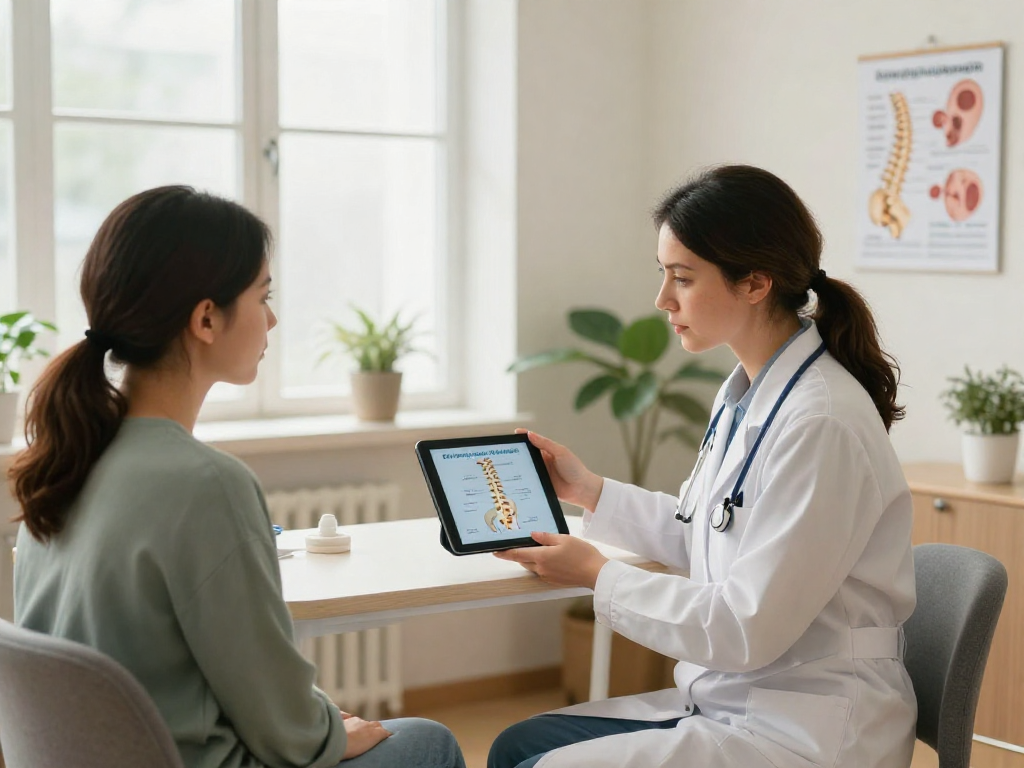 Discussing bel fıtığı ameliyatı options with a doctor in a calming clinical setting