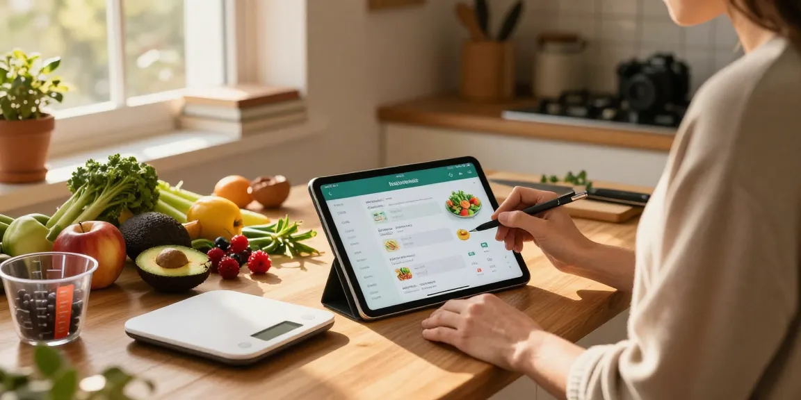 Logging meals with the best food tracker in a sunny kitchen with fresh ingredients.