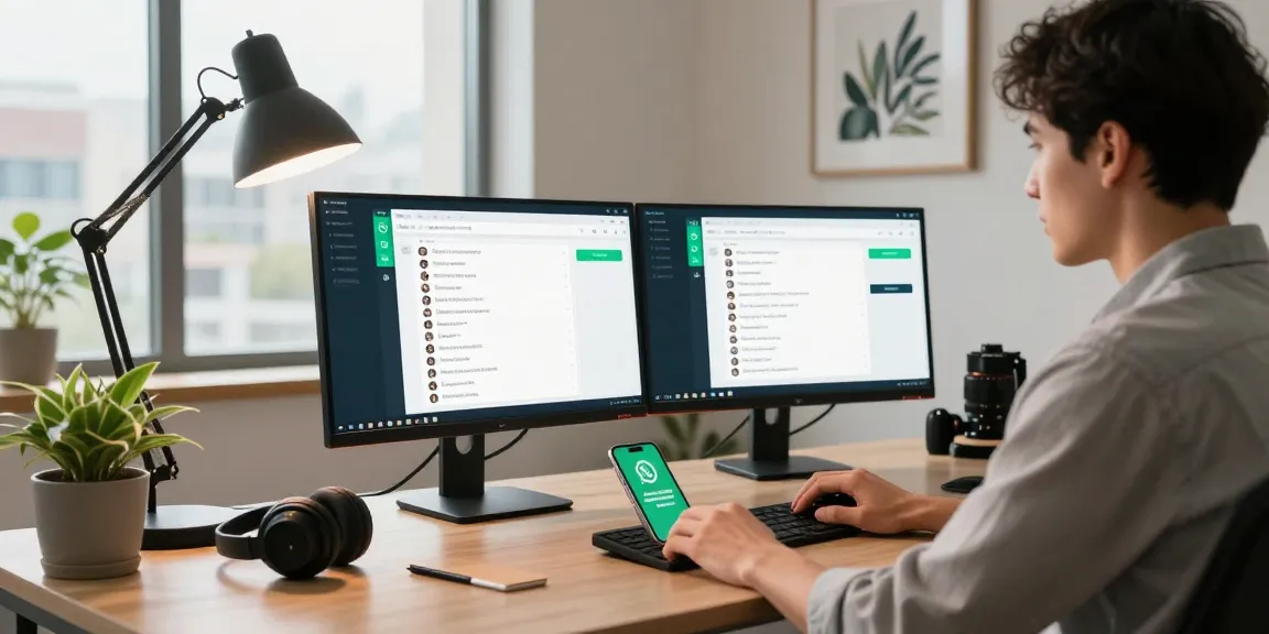 Engaging WhatsApp網頁版 workspace scene showing productivity with dual screens and modern office elements