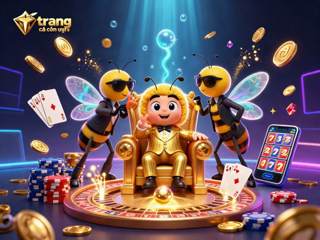 Trang cá cược uy tín với bumblebee mob boss trong phòng ngai vàng, tràn ngập vàng bạc và ánh sáng.