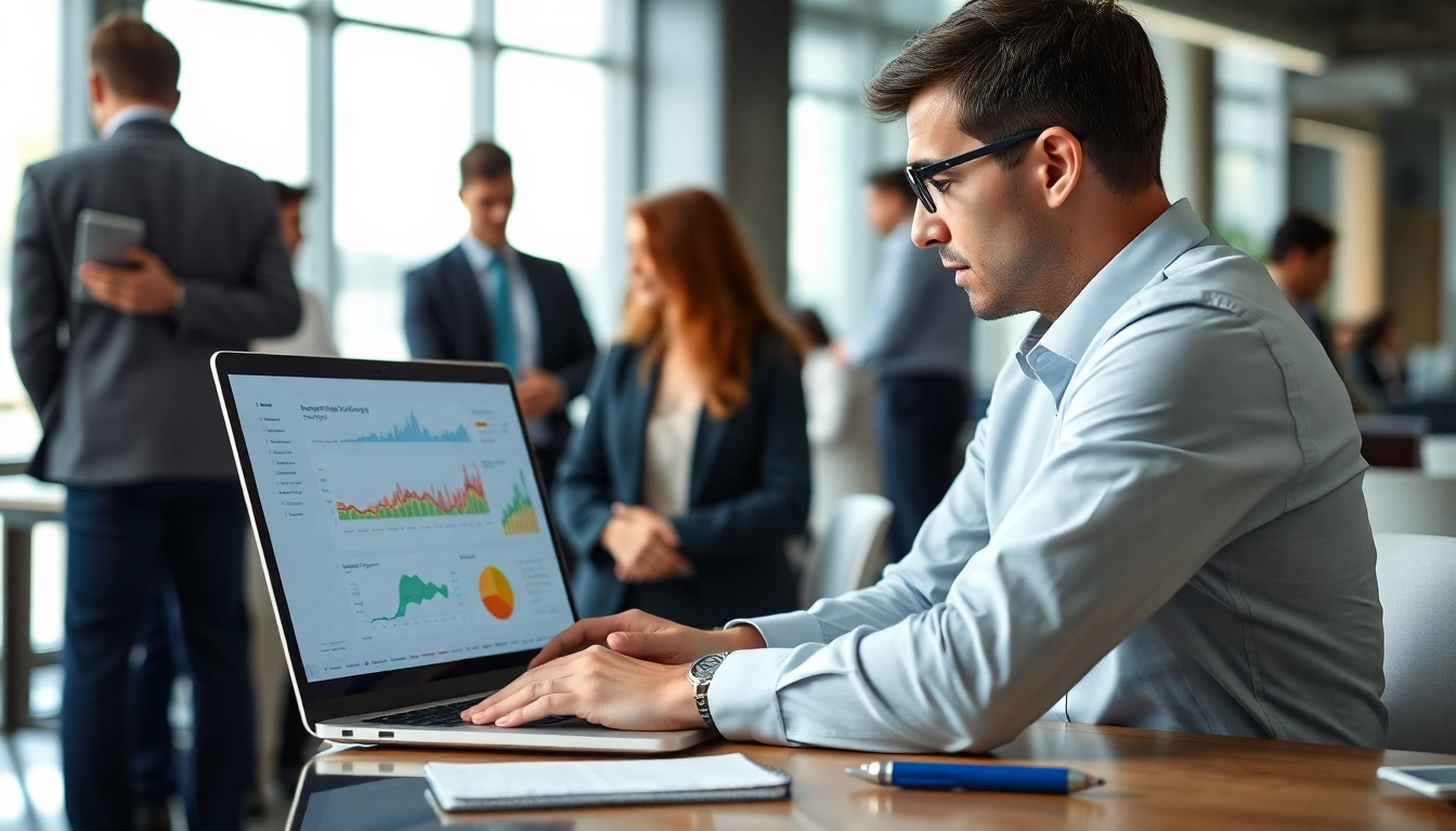 Find competitor pricing with a market researcher in a busy office analyzing data on a laptop.