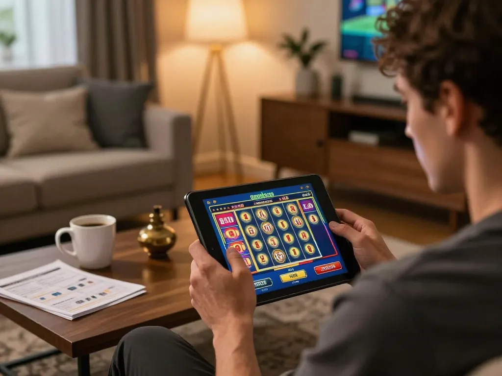 Engaging mobile gaming session featuring slots not on gamstop on tablet in cozy home.
