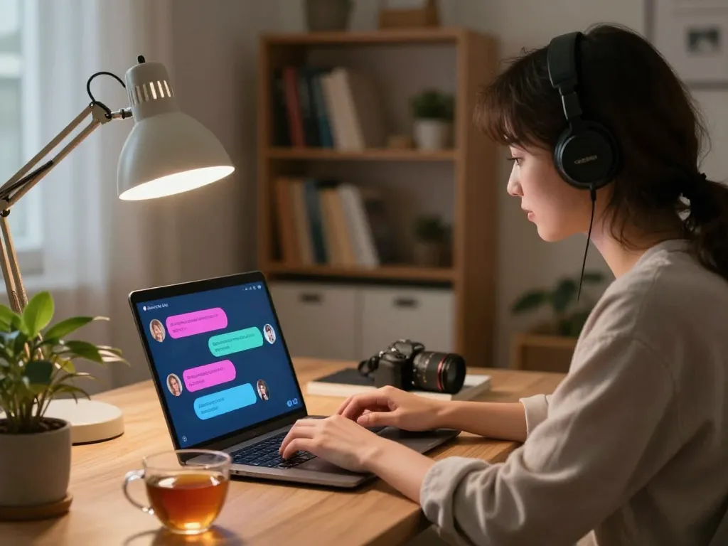 Engaging in ai sex chat in a cozy home office with vibrant chat bubbles.
