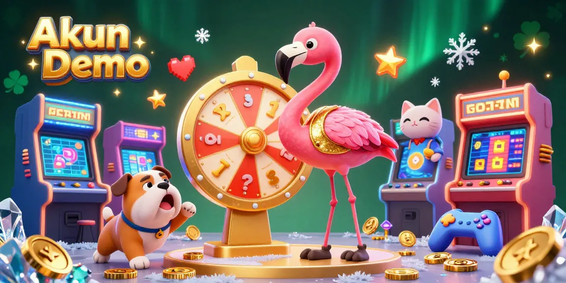 Akun Demo interactive illustration featuring a vibrant game show scene with a flamingo host, bulldog contestant, and lucky prizes.