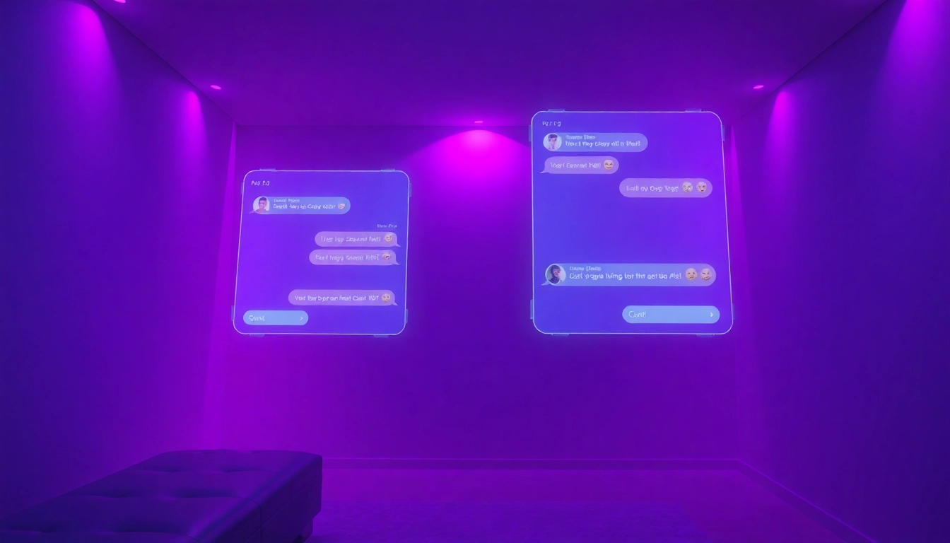 AI sexting interaction with a holographic chat interface in a modern, intimate setting.