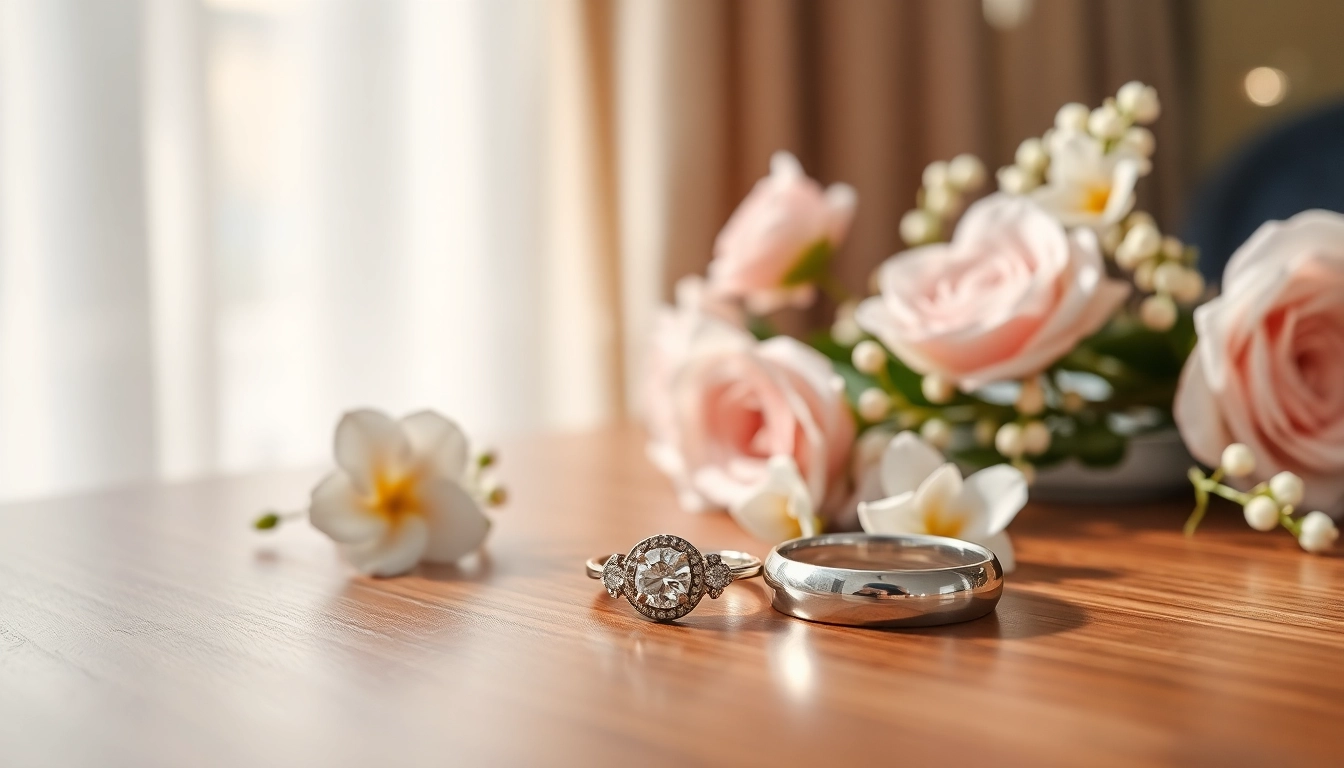 Admire stunning wedding rings showcased elegantly on a polished wooden table, symbolizing love.